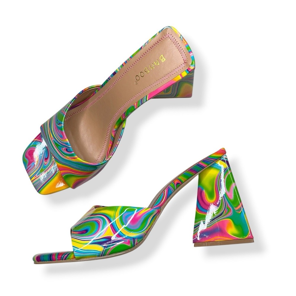 Bamboo Heels Women Size 10 Multicolor Swirl Open Toe Chunky Block Pumps Premiere